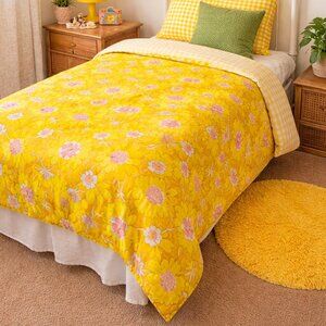 Handmade Vintage 70s Yellow Floral Duvet Cover Groovy Psychedelic Colorful Bold